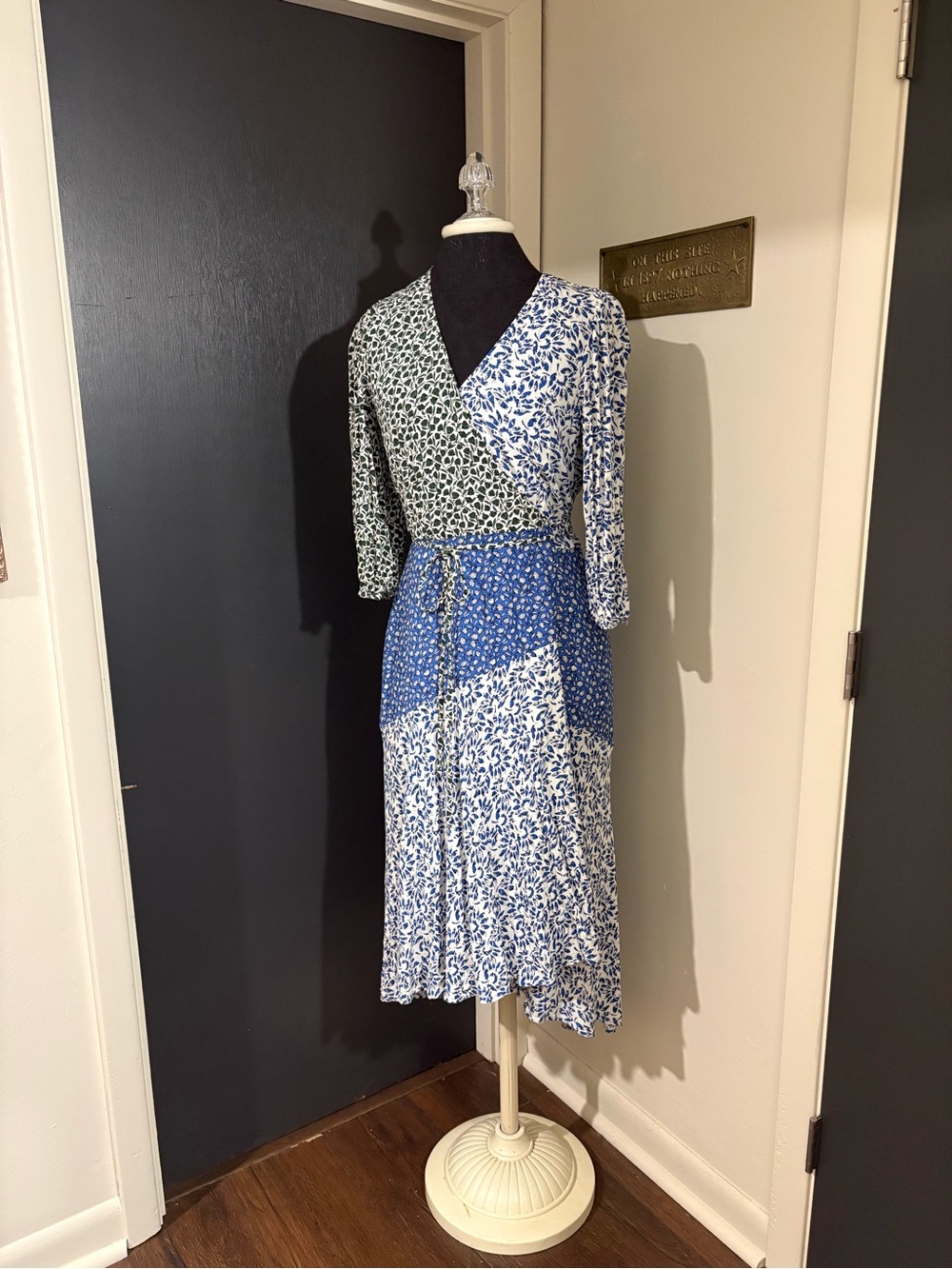 Ann Taylor Blue Mixed-Print Floral Wrap Midi Dress with 3/4 Length Puff Sleeves